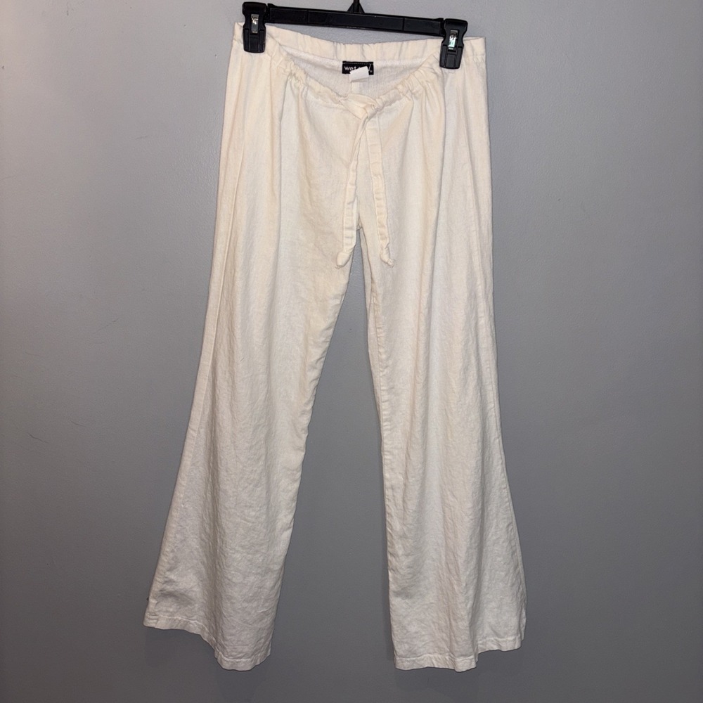 Wet Seal White Linen Blend Wide Leg Pants Low Rise Drawstring Y2K Coastal Size S
